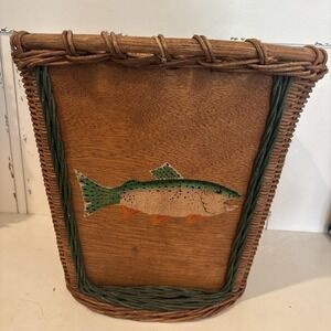 VTG Creel Wicker Waste Basket Hand Painted Trout Fish Wood Panel Cabin Lake 13"